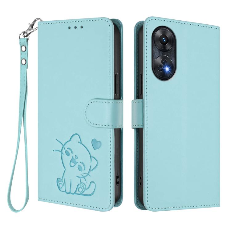 For OPPO Reno8 T 4G Global Embossed Heart Cat Leather Phone Case with Hand Strap