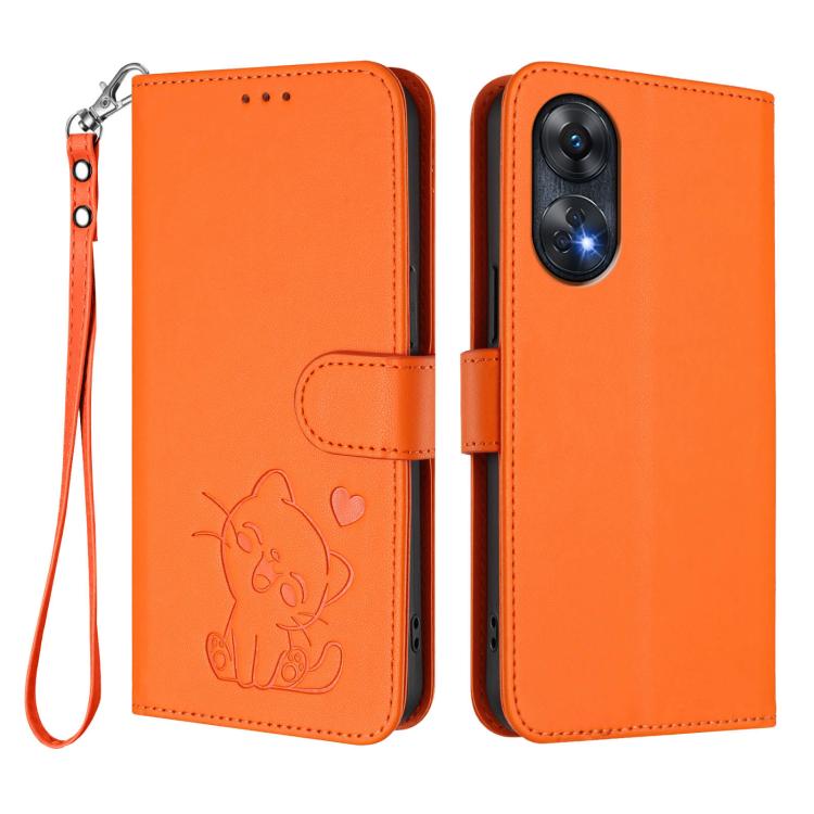For OPPO Reno8 T 4G Global Embossed Heart Cat Leather Phone Case with Hand Strap