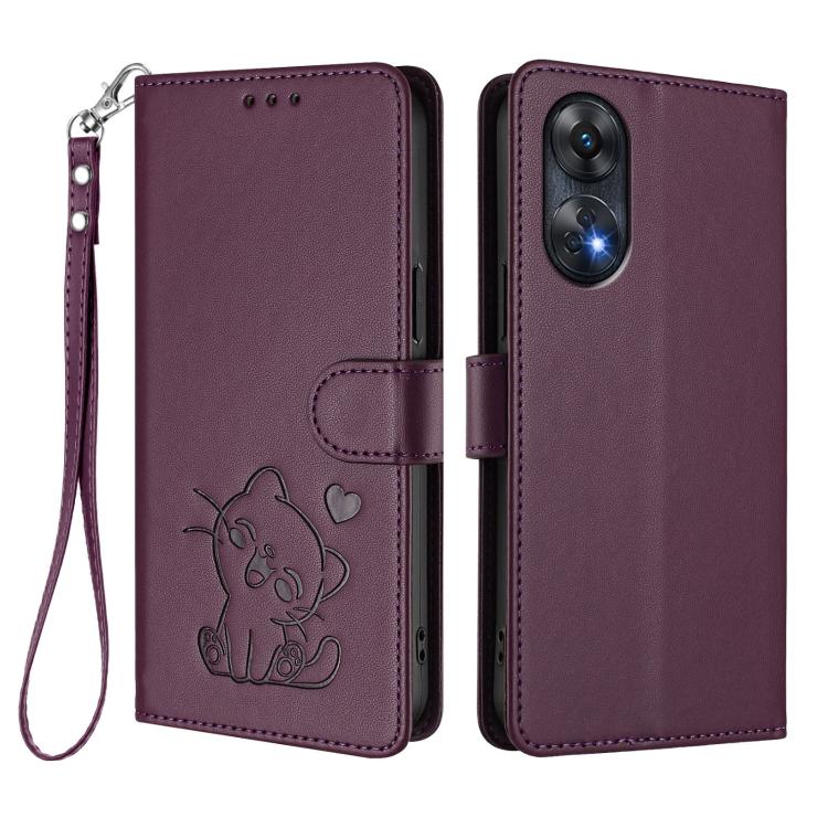 For OPPO Reno8 T 4G Global Embossed Heart Cat Leather Phone Case with Hand Strap