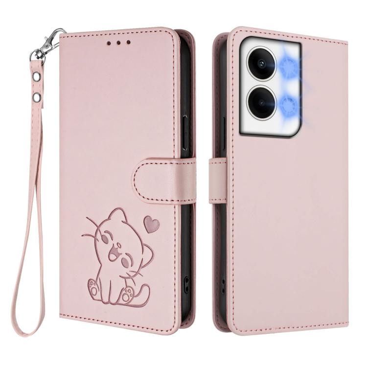 For OPPO Reno9 / Reno9 Pro 5G Embossed Heart Cat Leather Phone Case with Hand Strap
