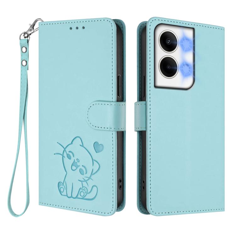 For OPPO Reno9 / Reno9 Pro 5G Embossed Heart Cat Leather Phone Case with Hand Strap