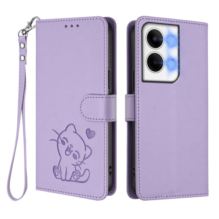For OPPO Reno9 / Reno9 Pro 5G Embossed Heart Cat Leather Phone Case with Hand Strap