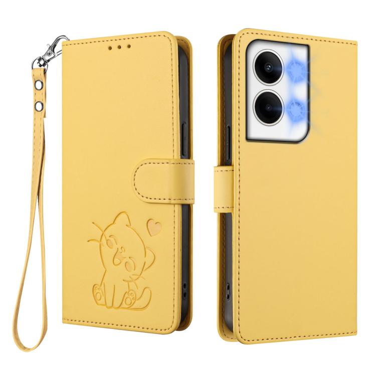 For OPPO Reno9 / Reno9 Pro 5G Embossed Heart Cat Leather Phone Case with Hand Strap