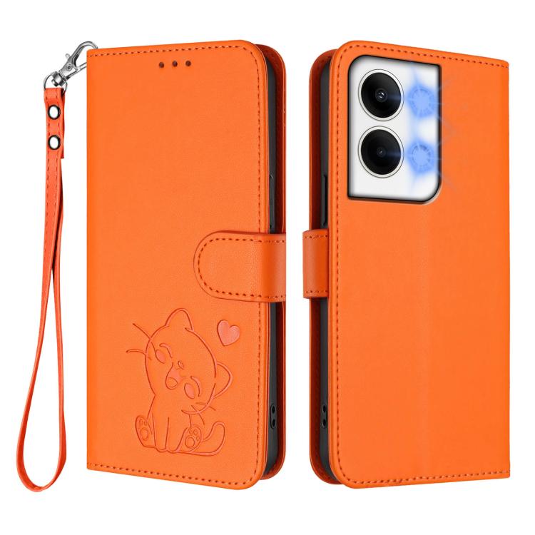 For OPPO Reno9 / Reno9 Pro 5G Embossed Heart Cat Leather Phone Case with Hand Strap