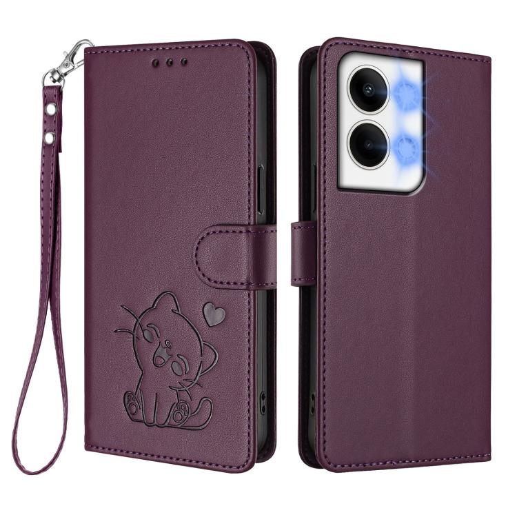 For OPPO Reno9 / Reno9 Pro 5G Embossed Heart Cat Leather Phone Case with Hand Strap