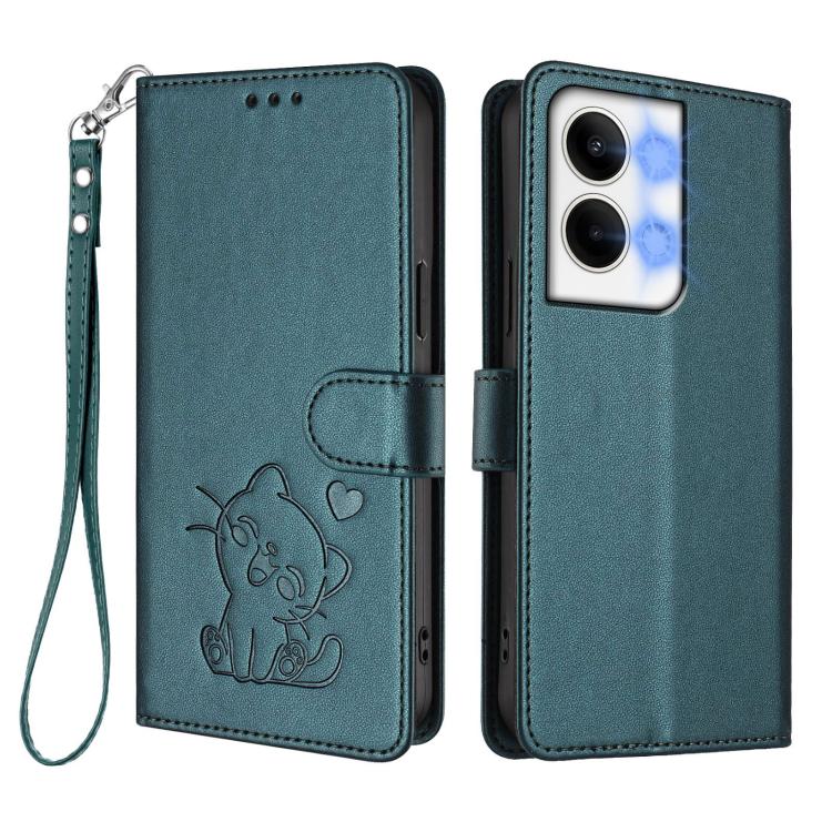 For OPPO Reno9 / Reno9 Pro 5G Embossed Heart Cat Leather Phone Case with Hand Strap