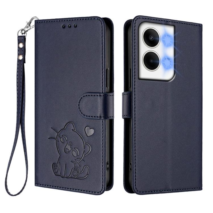 For OPPO Reno9 / Reno9 Pro 5G Embossed Heart Cat Leather Phone Case with Hand Strap