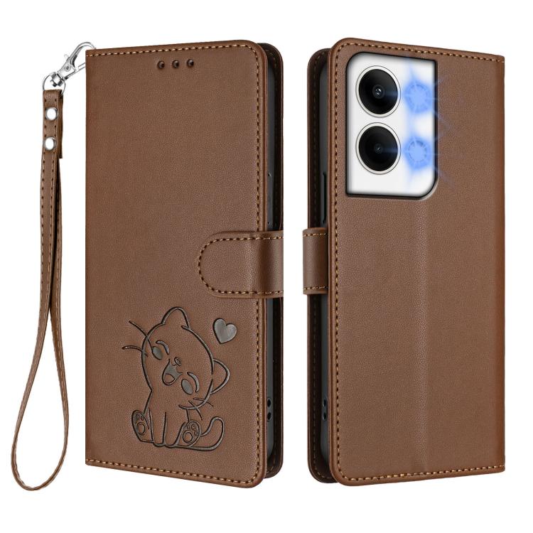 For OPPO Reno9 / Reno9 Pro 5G Embossed Heart Cat Leather Phone Case with Hand Strap