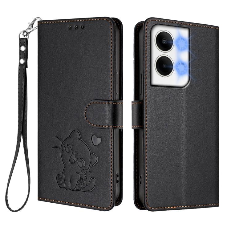 For OPPO Reno9 / Reno9 Pro 5G Embossed Heart Cat Leather Phone Case with Hand Strap