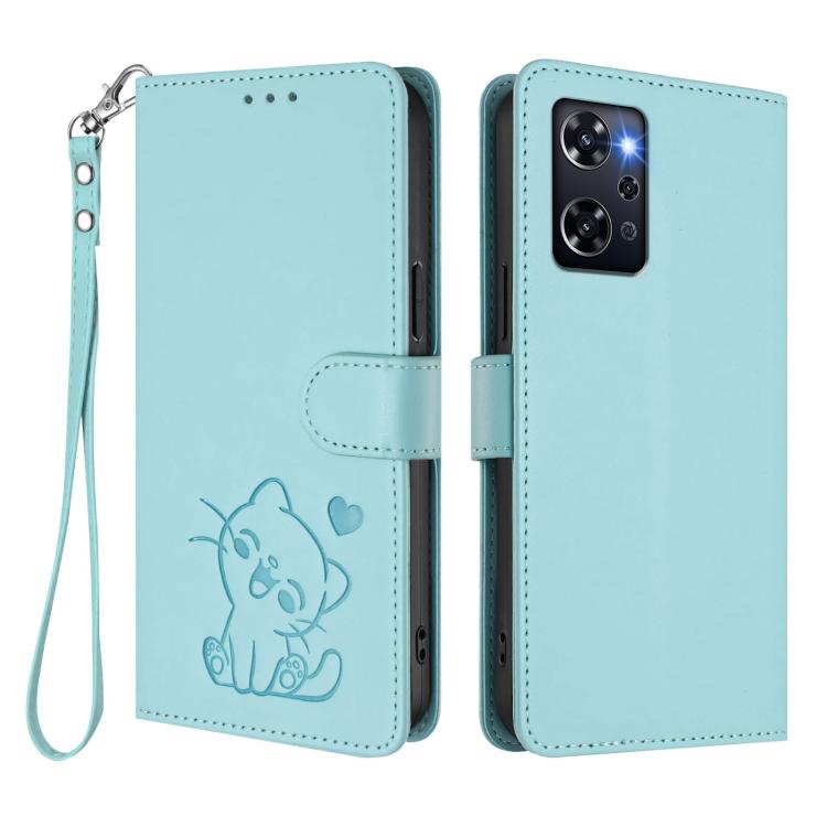 For OPPO Reno9 A Embossed Heart Cat Leather Phone Case with Hand Strap