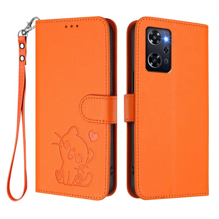 For OPPO Reno9 A Embossed Heart Cat Leather Phone Case with Hand Strap
