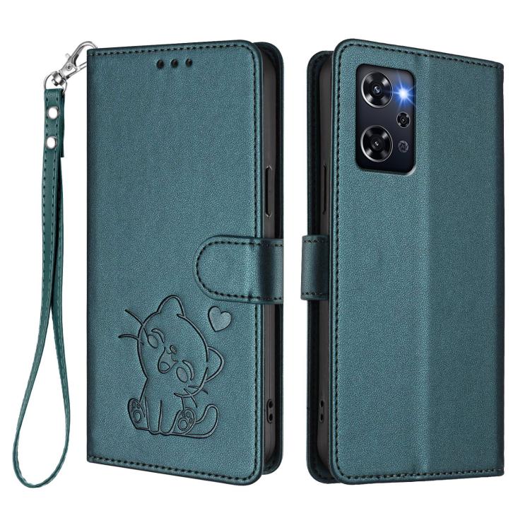 For OPPO Reno9 A Embossed Heart Cat Leather Phone Case with Hand Strap