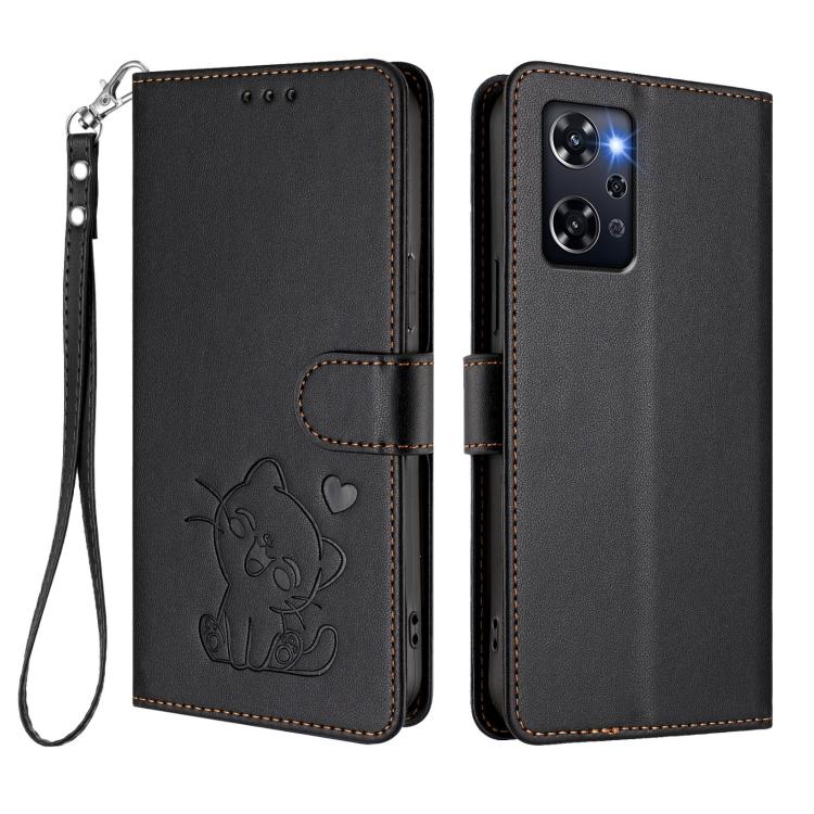 For OPPO Reno9 A Embossed Heart Cat Leather Phone Case with Hand Strap