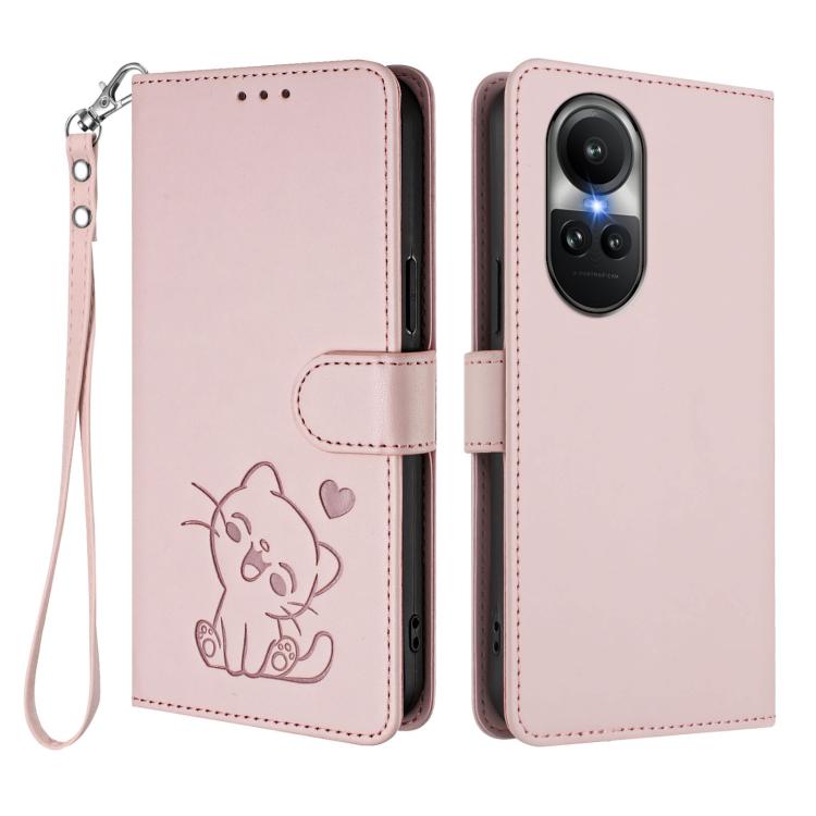 For OPPO Reno10 / Reno10 Pro 5G Global Embossed Heart Cat Leather Phone Case with Hand Strap