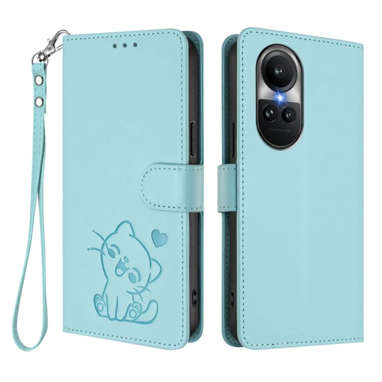 For OPPO Reno10 / Reno10 Pro 5G Global Embossed Heart Cat Leather Phone Case with Hand Strap