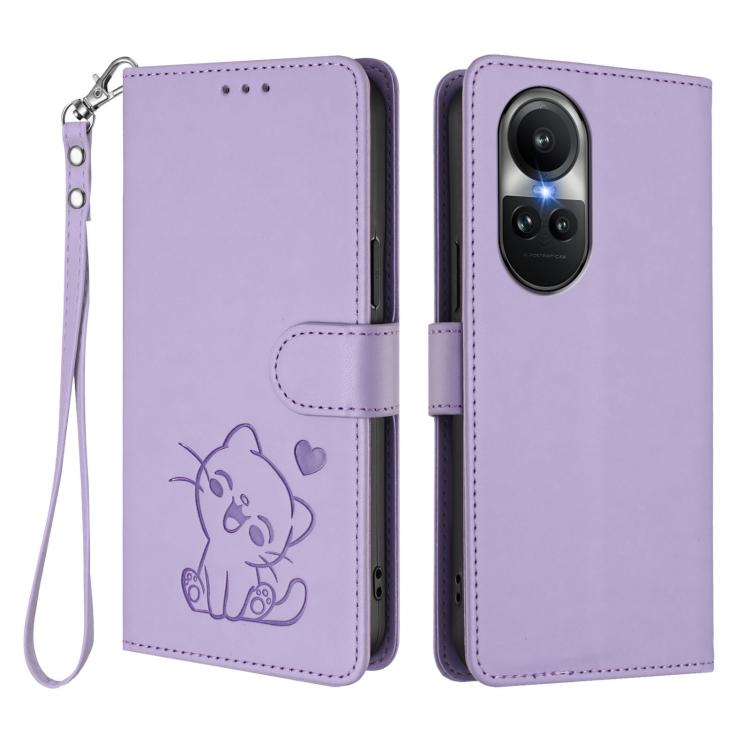 For OPPO Reno10 / Reno10 Pro 5G Global Embossed Heart Cat Leather Phone Case with Hand Strap