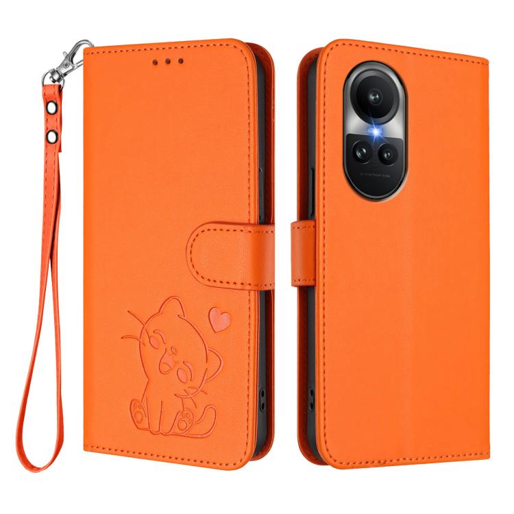 For OPPO Reno10 / Reno10 Pro 5G Global Embossed Heart Cat Leather Phone Case with Hand Strap