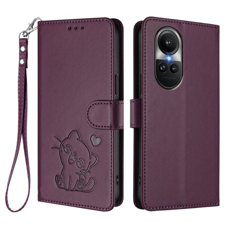 For OPPO Reno10 / Reno10 Pro 5G Global Embossed Heart Cat Leather Phone Case with Hand Strap