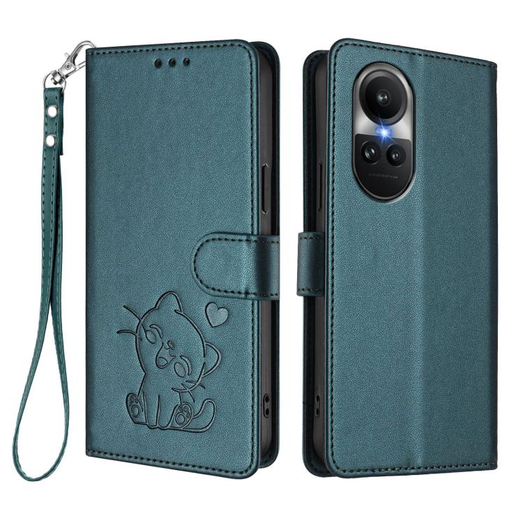 For OPPO Reno10 / Reno10 Pro 5G Global Embossed Heart Cat Leather Phone Case with Hand Strap