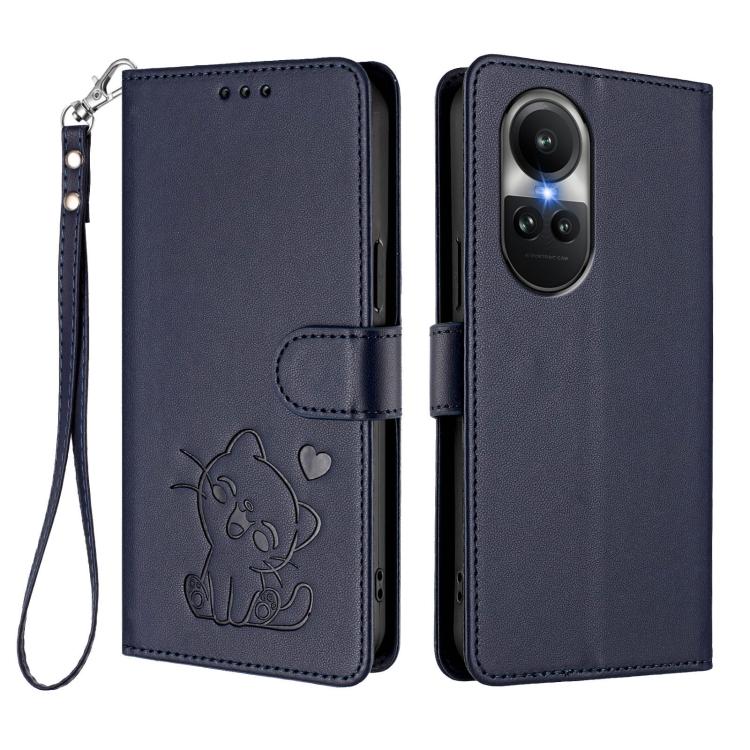 For OPPO Reno10 / Reno10 Pro 5G Global Embossed Heart Cat Leather Phone Case with Hand Strap