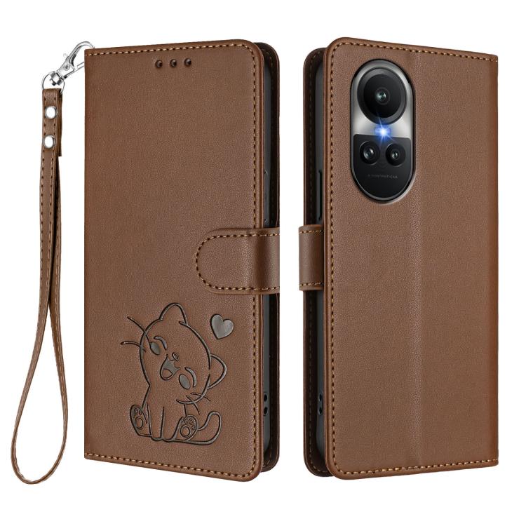 For OPPO Reno10 / Reno10 Pro 5G Global Embossed Heart Cat Leather Phone Case with Hand Strap