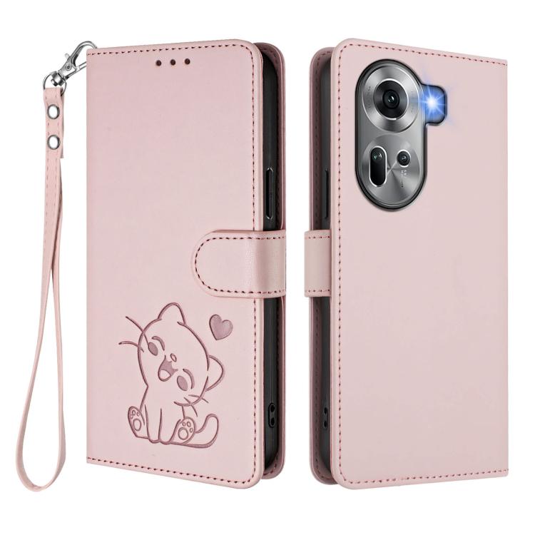For OPPO Reno11 5G Global Embossed Heart Cat Leather Phone Case with Hand Strap