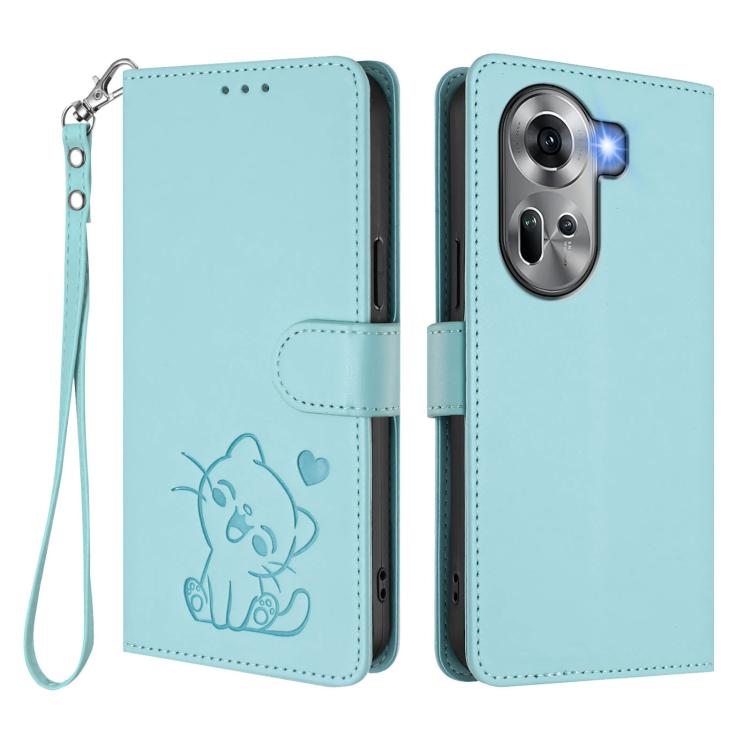 For OPPO Reno11 5G Global Embossed Heart Cat Leather Phone Case with Hand Strap