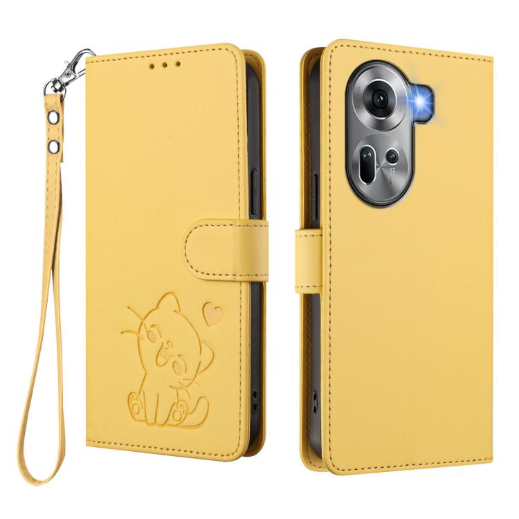 For OPPO Reno11 5G Global Embossed Heart Cat Leather Phone Case with Hand Strap