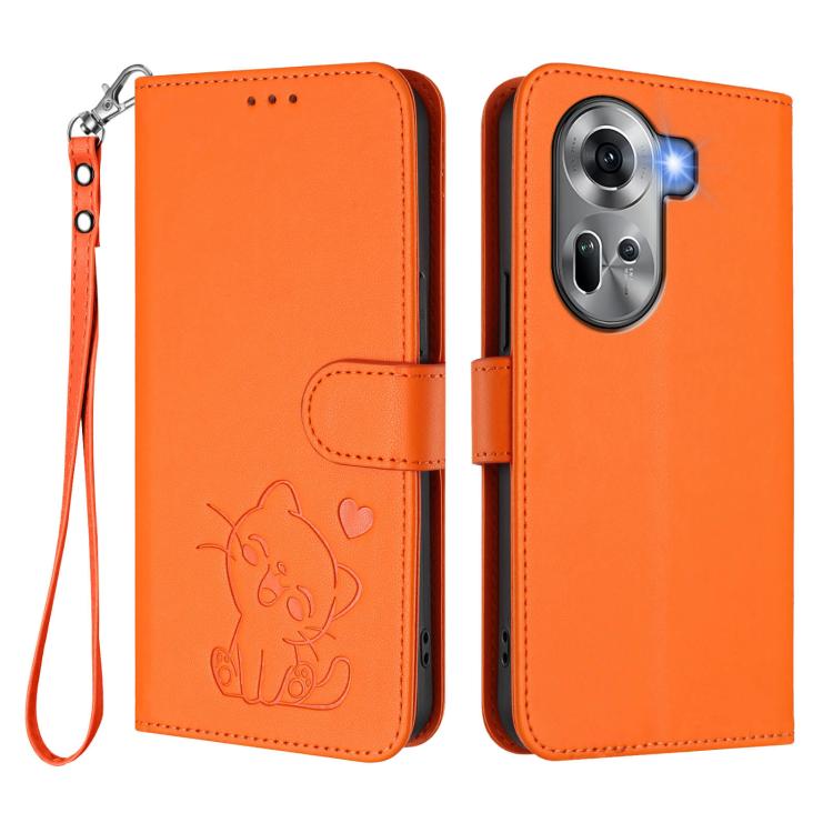 For OPPO Reno11 5G Global Embossed Heart Cat Leather Phone Case with Hand Strap