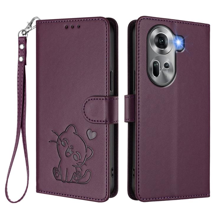 For OPPO Reno11 5G Global Embossed Heart Cat Leather Phone Case with Hand Strap