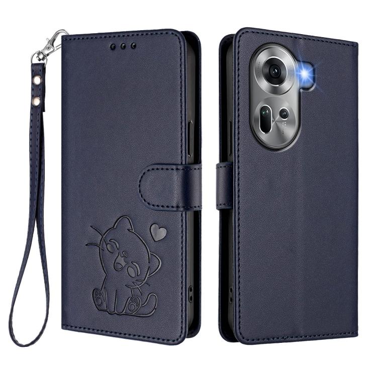 For OPPO Reno11 5G Global Embossed Heart Cat Leather Phone Case with Hand Strap
