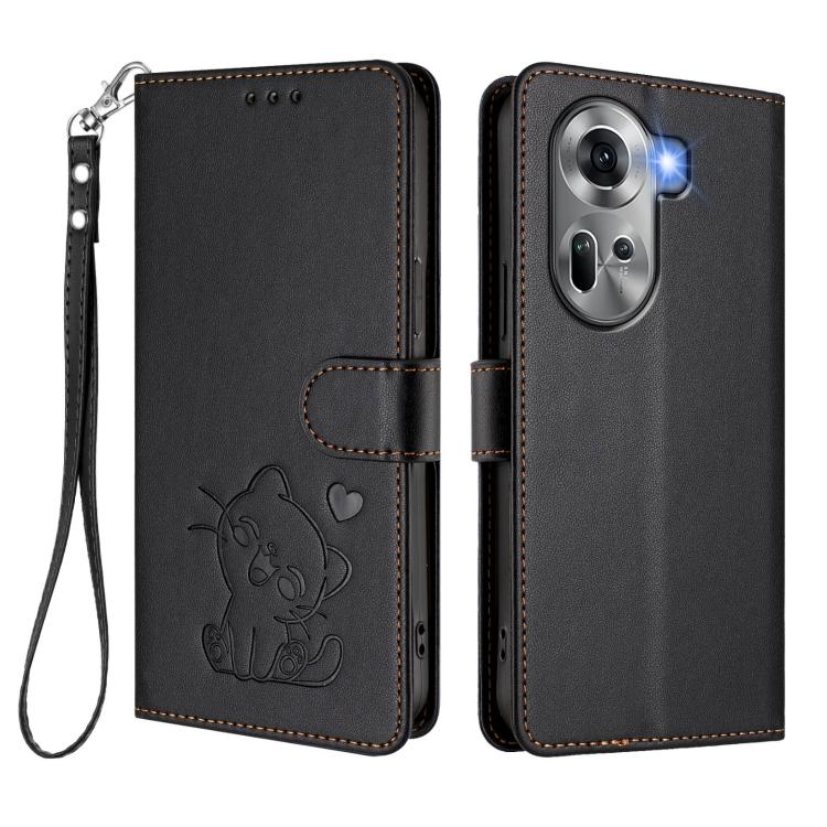 For OPPO Reno11 5G Global Embossed Heart Cat Leather Phone Case with Hand Strap