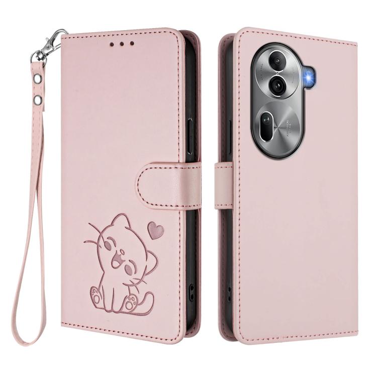 For OPPO Reno11 Pro 5G Global Embossed Heart Cat Leather Phone Case with Hand Strap