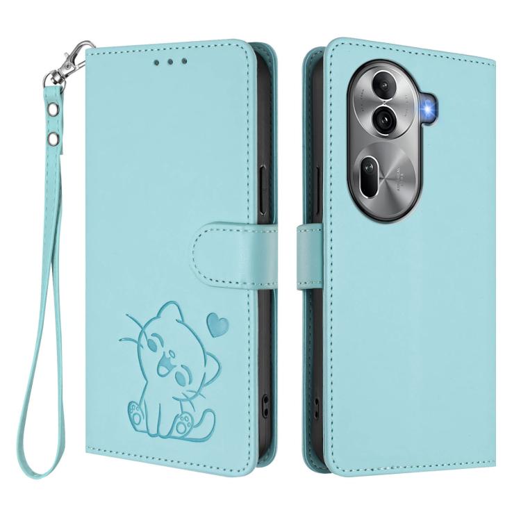 For OPPO Reno11 Pro 5G Global Embossed Heart Cat Leather Phone Case with Hand Strap