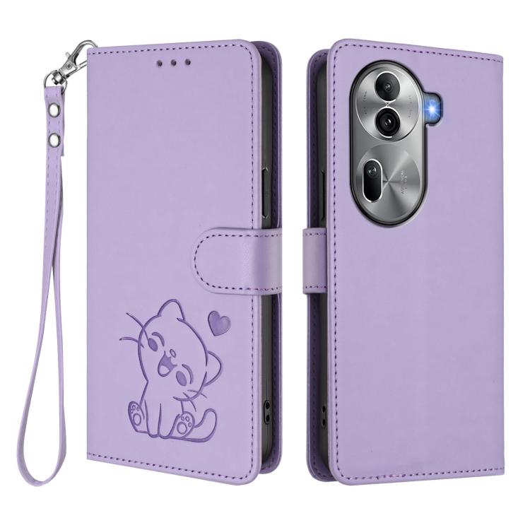 For OPPO Reno11 Pro 5G Global Embossed Heart Cat Leather Phone Case with Hand Strap