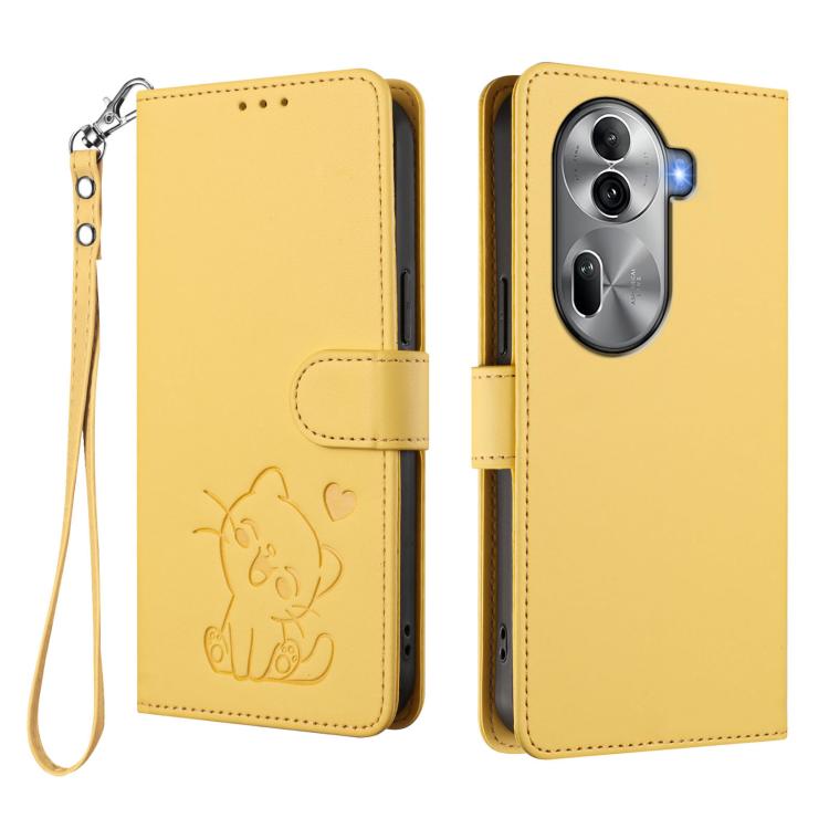 For OPPO Reno11 Pro 5G Global Embossed Heart Cat Leather Phone Case with Hand Strap