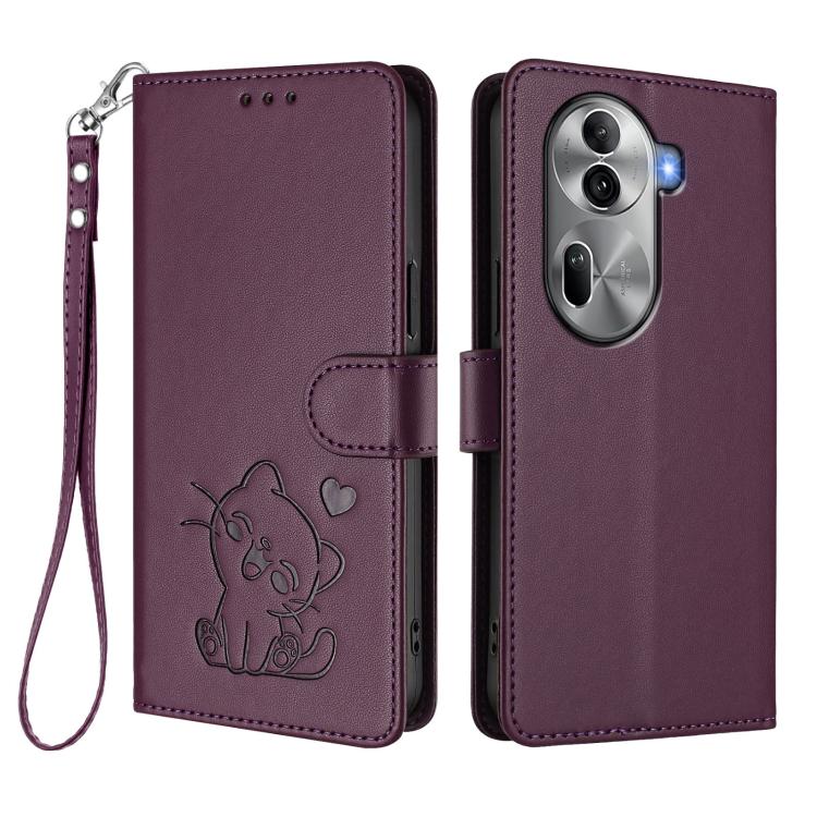 For OPPO Reno11 Pro 5G Global Embossed Heart Cat Leather Phone Case with Hand Strap