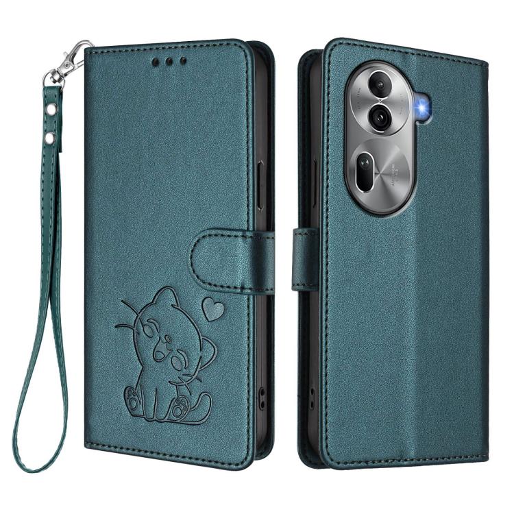 For OPPO Reno11 Pro 5G Global Embossed Heart Cat Leather Phone Case with Hand Strap