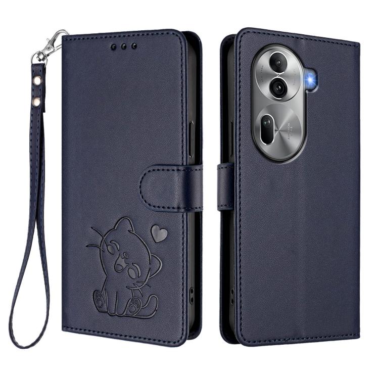 For OPPO Reno11 Pro 5G Global Embossed Heart Cat Leather Phone Case with Hand Strap