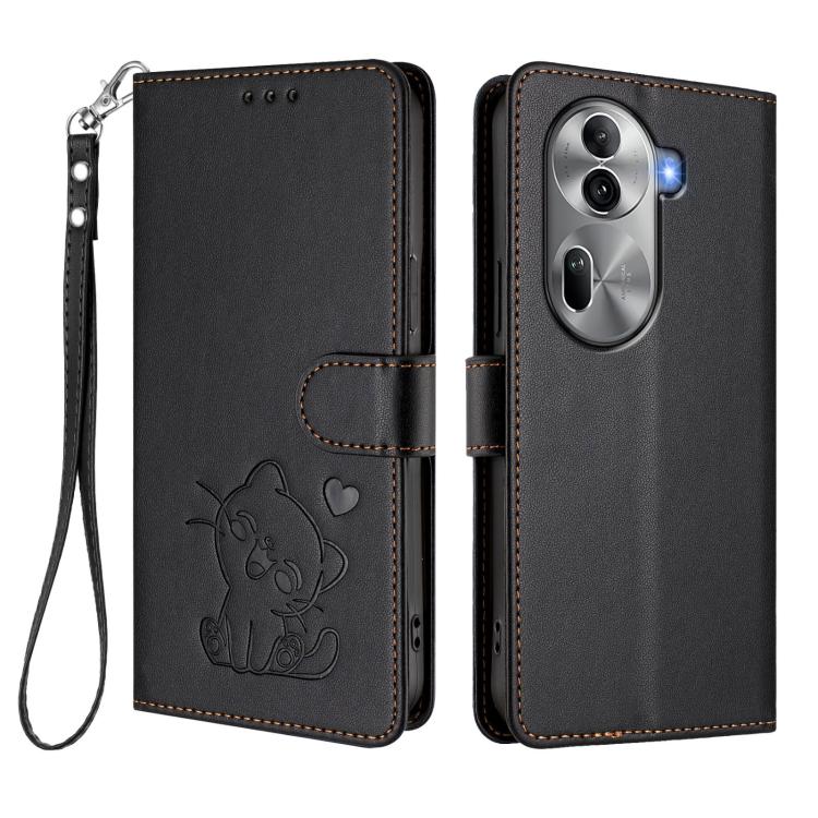 For OPPO Reno11 Pro 5G Global Embossed Heart Cat Leather Phone Case with Hand Strap