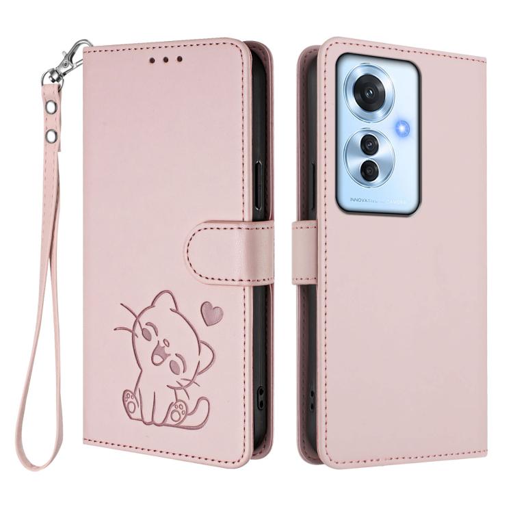 For OPPO Reno11 F 5G Global Embossed Heart Cat Leather Phone Case with Hand Strap