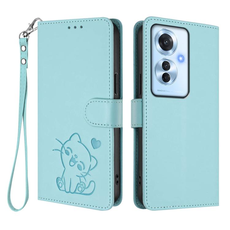 For OPPO Reno11 F 5G Global Embossed Heart Cat Leather Phone Case with Hand Strap