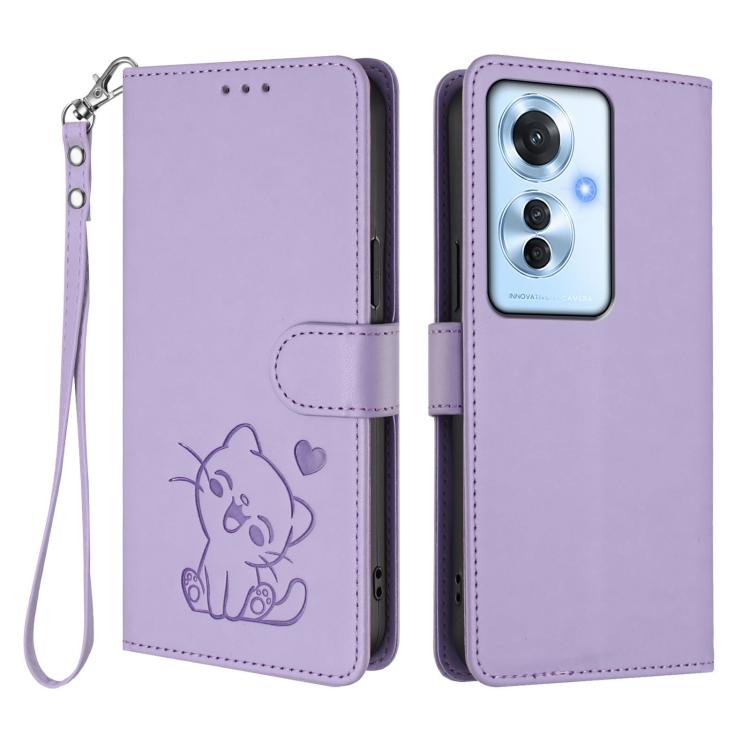 For OPPO Reno11 F 5G Global Embossed Heart Cat Leather Phone Case with Hand Strap