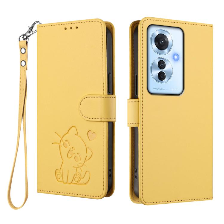 For OPPO Reno11 F 5G Global Embossed Heart Cat Leather Phone Case with Hand Strap