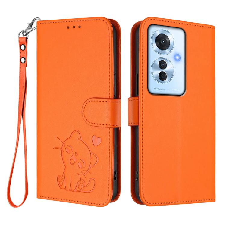 For OPPO Reno11 F 5G Global Embossed Heart Cat Leather Phone Case with Hand Strap