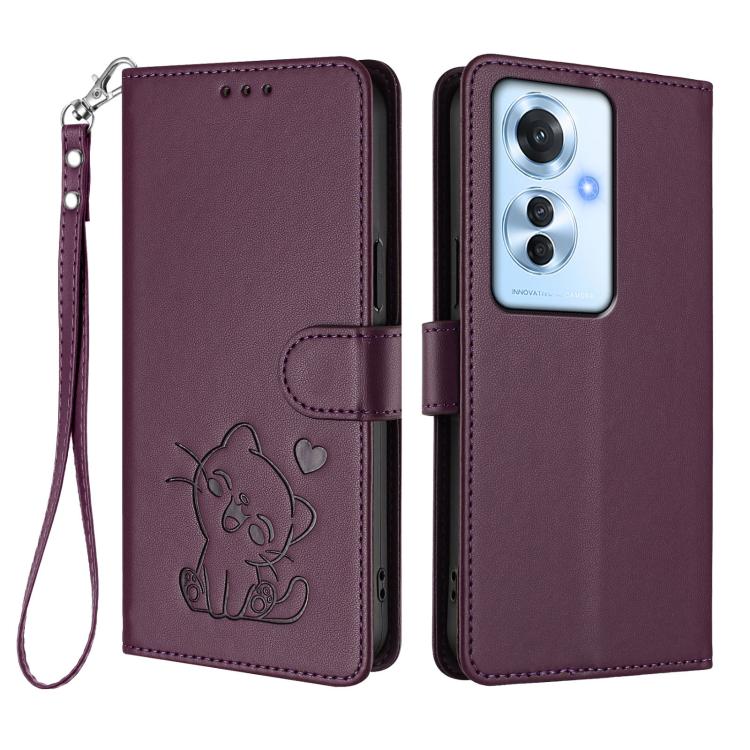 For OPPO Reno11 F 5G Global Embossed Heart Cat Leather Phone Case with Hand Strap