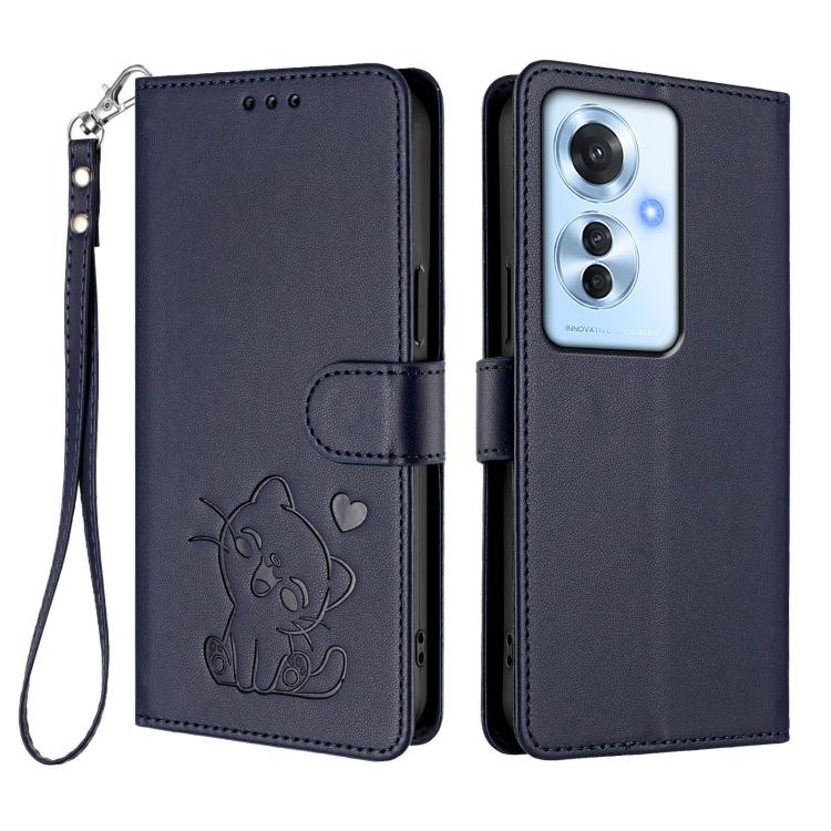 For OPPO Reno11 F 5G Global Embossed Heart Cat Leather Phone Case with Hand Strap