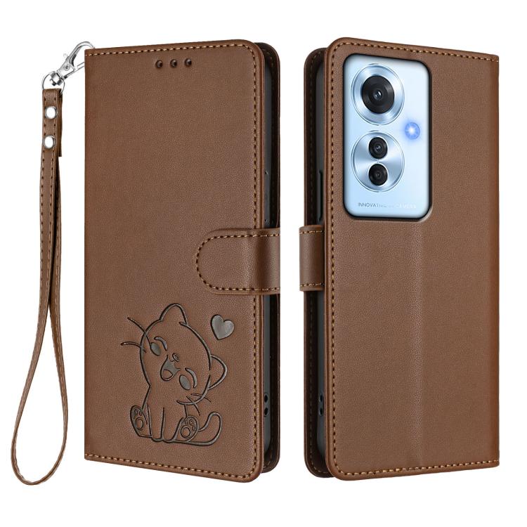For OPPO Reno11 F 5G Global Embossed Heart Cat Leather Phone Case with Hand Strap