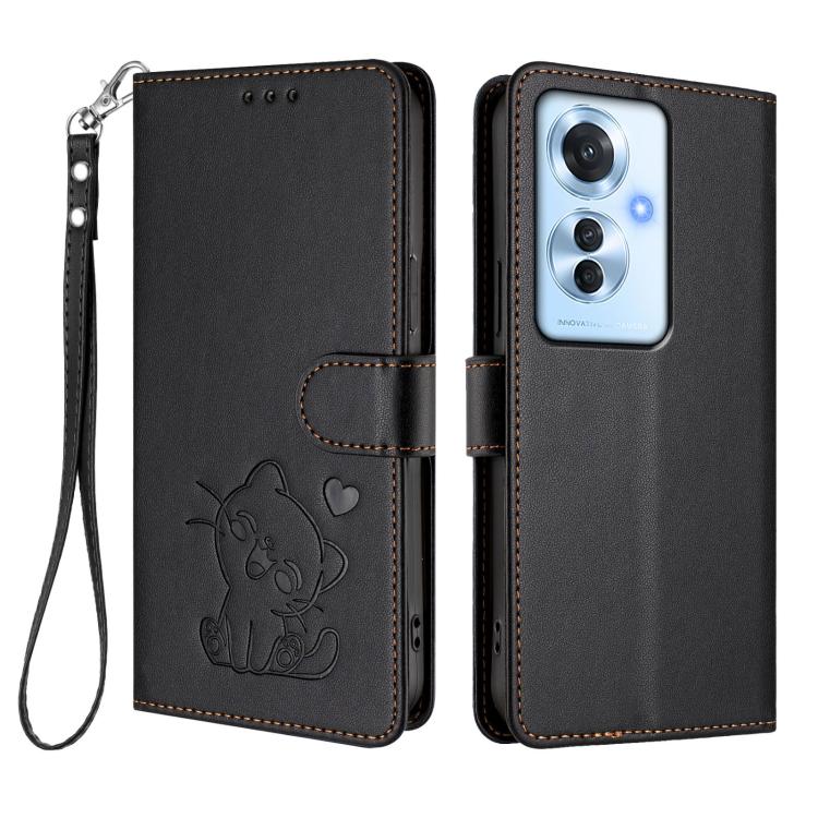 For OPPO Reno11 F 5G Global Embossed Heart Cat Leather Phone Case with Hand Strap