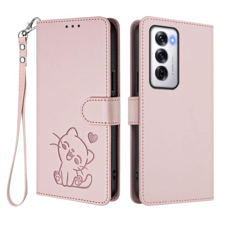 For OPPO Reno12 5G Global Embossed Heart Cat Leather Phone Case with Hand Strap
